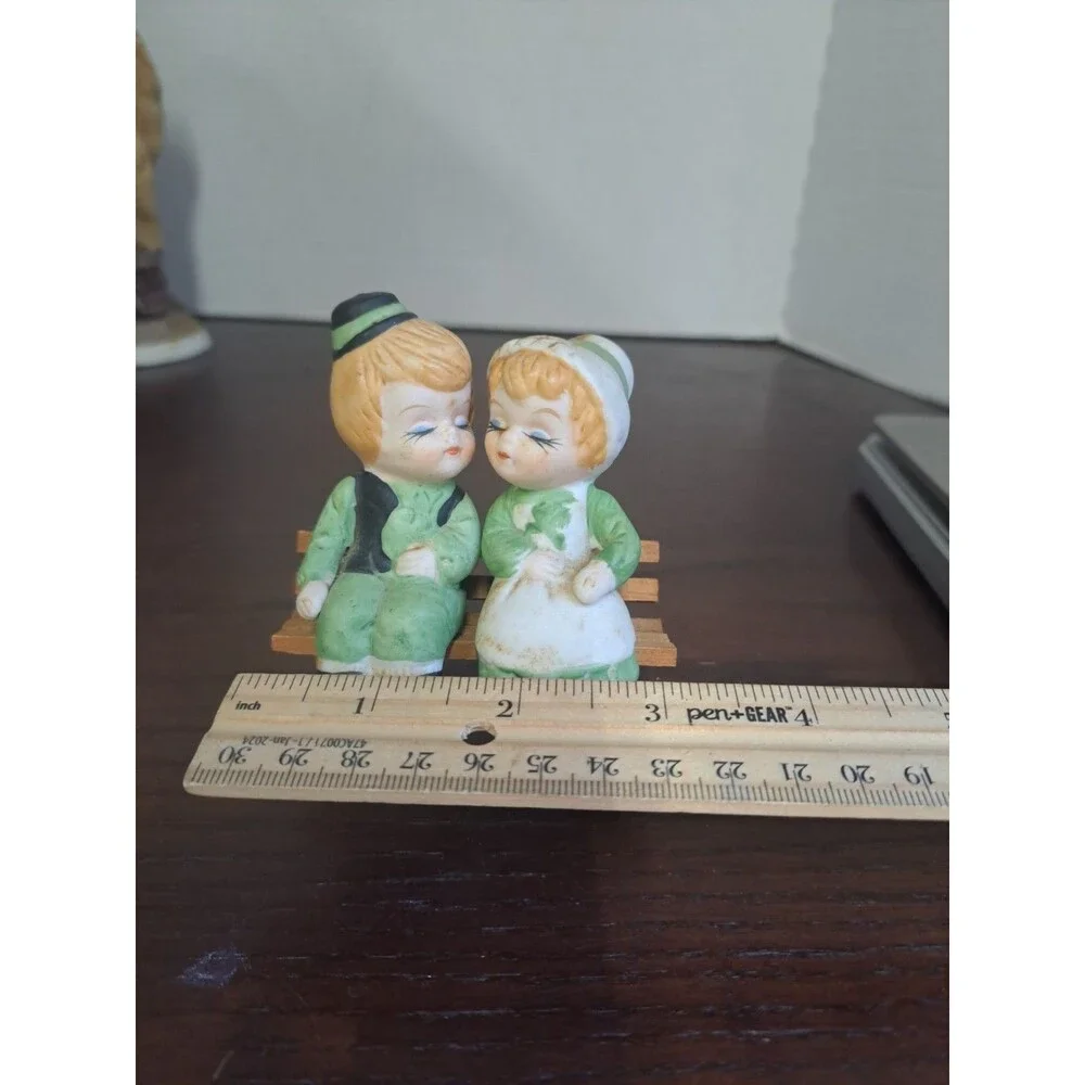 Vintage Saint Patricks Boy And Girl Kissing On Wooden Bench Porcelain Bisque...